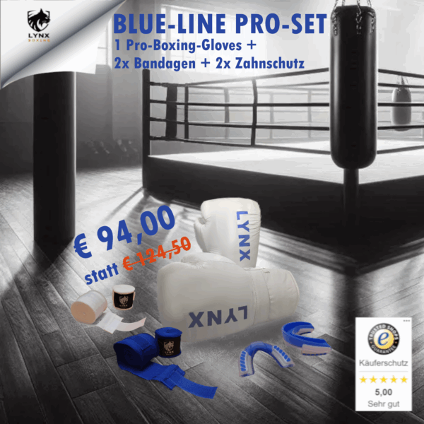 BLUE-LINE PRO-SET (1x Boxhandschuhe + 2x Bandagen +2x Zahnschutz)